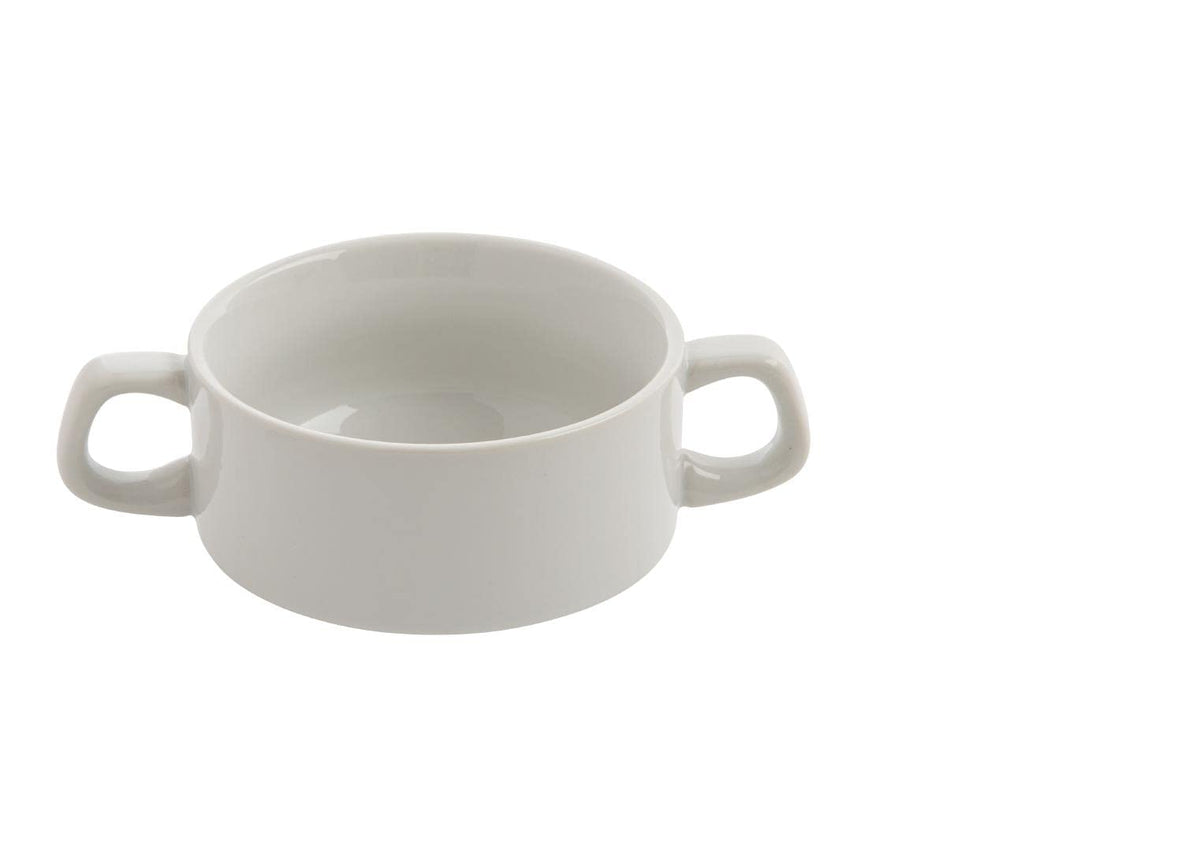 Olympia Athena Hotelware Stacking White Handled Soup Bowls 290ml / 10 1/4 ounce, Pack of 12, Diameter: 107mm / 4 1/4 inch, Chip Resistant Porcelain,