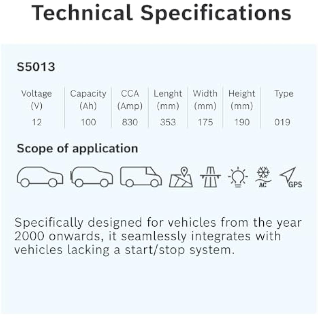 Bosch S5 013 Car Battery 100 A/h - 830 A - 12 V Battery, Type 019, Lead-acid for Non-Start/Stop Vehicles, Left (-) Right (+), 353 x 175 x 190 mm - For Vehicles with High Electrical Needs