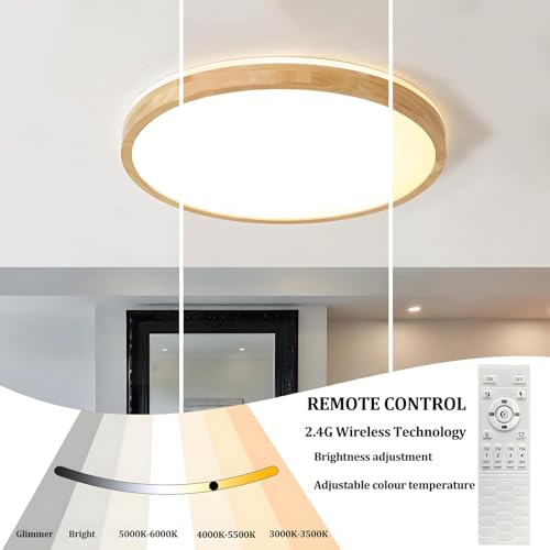 YYUTLUO LED Ceiling Light Wood, Top 360 Glow Round Natural Wooden Lamp | Dimmable with Remote Control 2700K-6500K, 36W | Living Room, Dining Room,