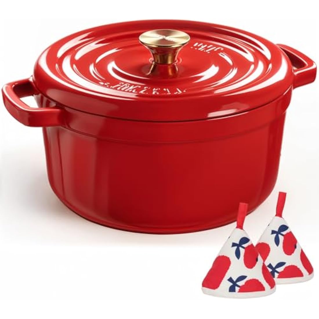 Overmont 26cm Enameled Cast Iron Dutch Oven - 5L Pot with Functional lid Cookbook & Cotton Potholders - Oven Safe up to 500° F, Sturdy Cookware for Braising, Stews, Roasting, Bread Baking, Red