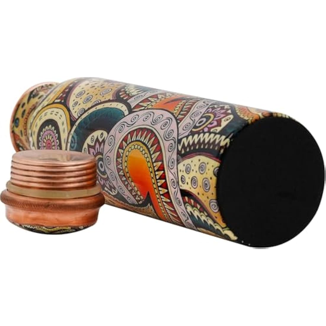 Craft Trade Set of 2 Printed Pure Copper Bottle with Lid and Carry Bag for Drinking Water BPA Free Leak Proof Boosts Immunity, Supports Digestive & Ayurveda Inspired 34oz - 1 Litre