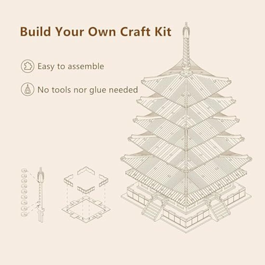 ROWOOD 3D Wooden Puzzle Five-storied Pagoda, Japanese Temple Model Kit for Adults to build, DIY Wooden Model Building Construction Craft Kits, Ideal as Christmas And Birthday Gift