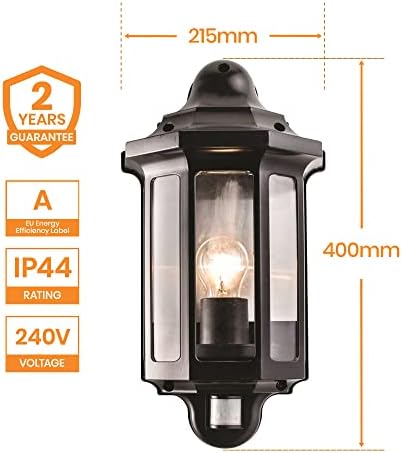 National Lighting Black Outdoor Security Lights - PIR External Wall Light - Motion Sensor Presence Detector Half Lantern Garden Porch Wall Lamp - IP44 Rated 60W GLS ES or LED E27 (Not Included)