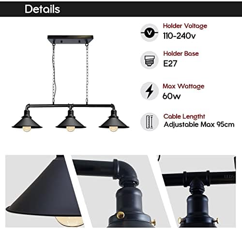 LEDSone Industrial 3 Way Pipe Pendant Lamp E27 Lamp Holder 22cm Black Cone Shade Ceiling Light Fixture with 95cm Adjustable Hanging Chandelier for Dining Room, Kitchen Island, Bar