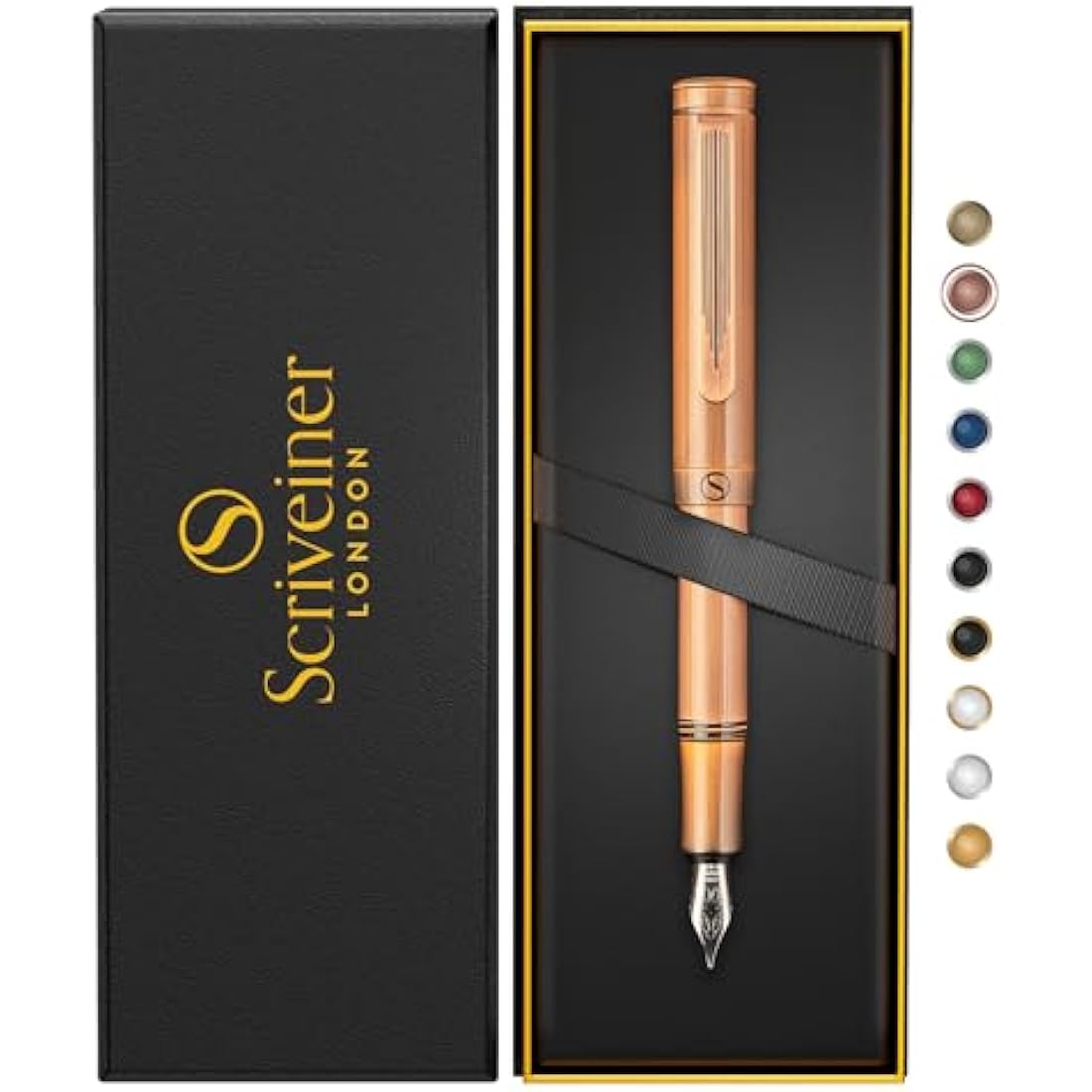 Scriveiner Luxury EDC Fountain Pen (Medium), Stunning Heavy Brass Pocket Pen, Hand Brushed Copper Finish, Schmidt German Nib Converter, Best Writing Pen Gift Set for Men Women, Nice Fancy Designer Pen