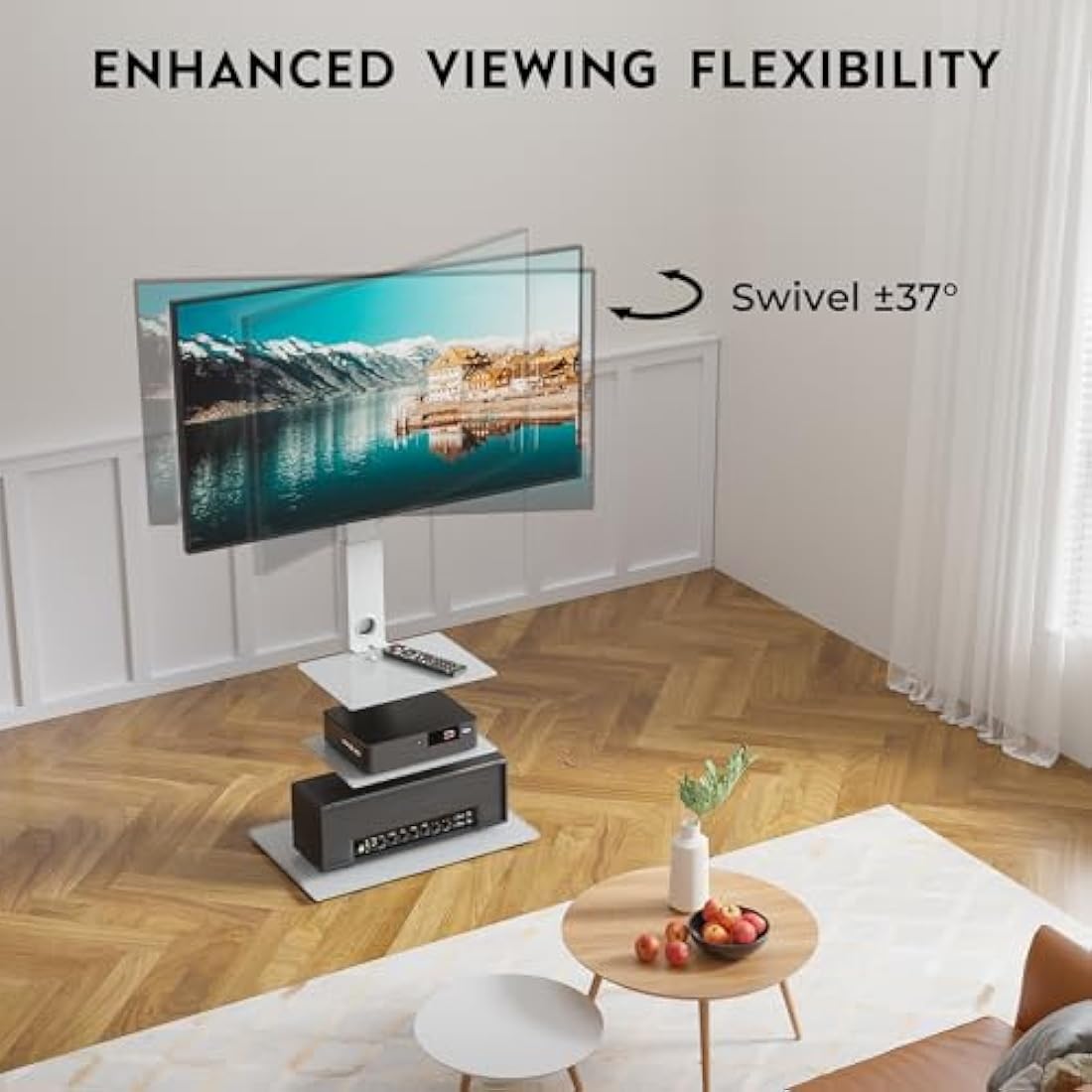 BONTEC Universal Floor TV Stand for 30-70 inch LED OLED LCD Plasma Flat Curved Screens, Height Adjustable Tall TV Stand with 3-Tier Tempered Glass Shelves up to 40KG, Max VESA 600x400mm (White)