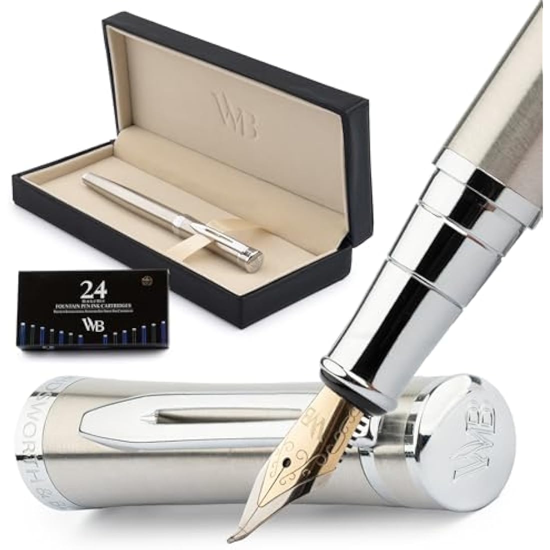 Wordsworth & Black Fountain Pen Set, Bent Nib, Includes 24 Pack Ink Cartridges, Ink Refill Converter & Gift Box, Chrome Finish, Calligraphy, [Silver Chrome], Perfect for Men & Women