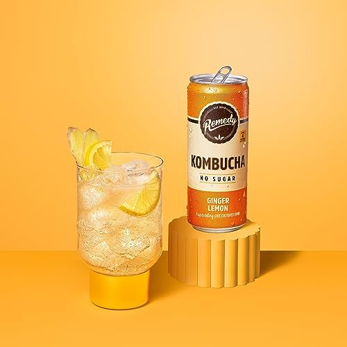 Remedy Raw Kombucha Tea - Sparkling Live Cultured Drink - Sugar Free Ginger Lemon - 250ml Can (24 Pack)