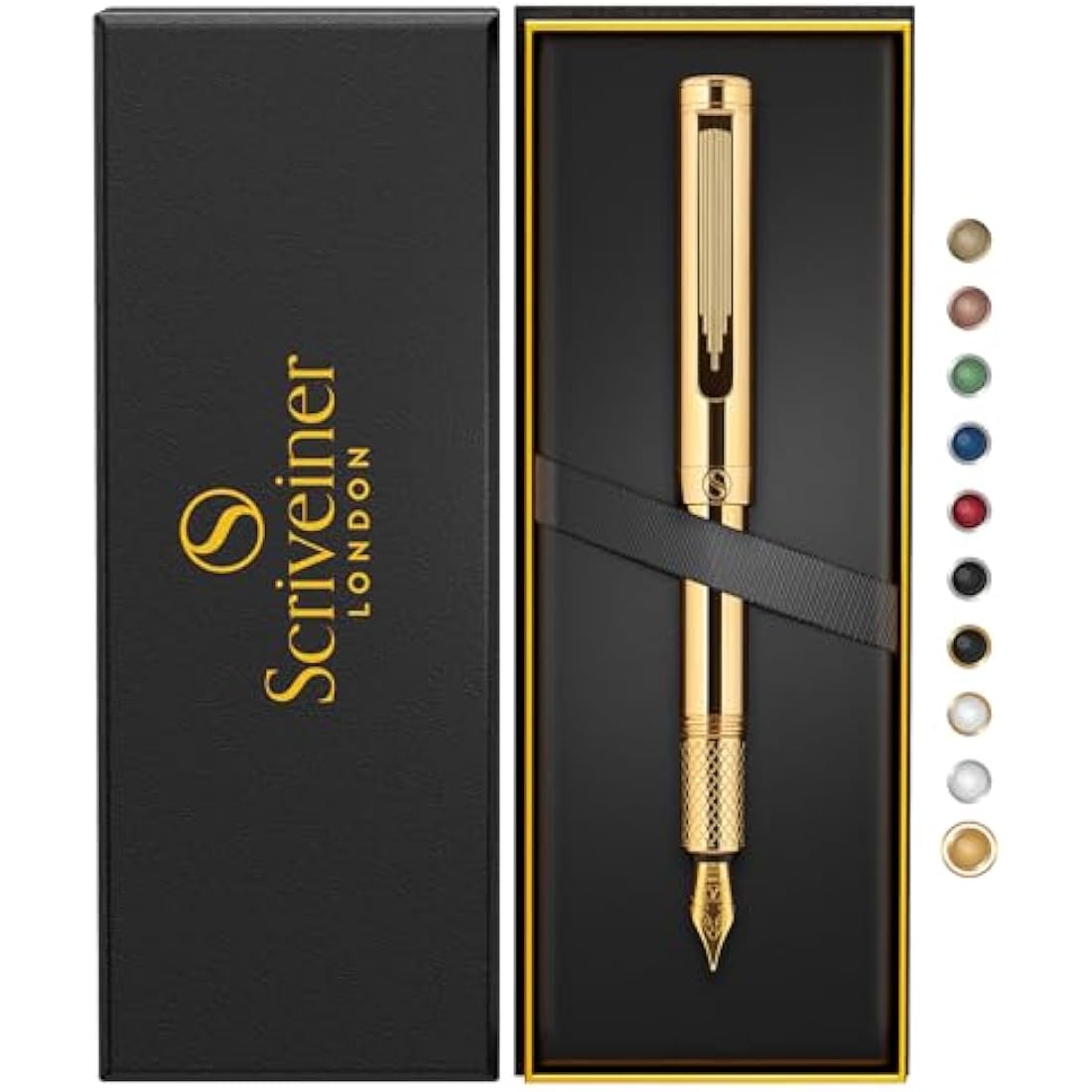 Scriveiner Gold Luxury Fountain Pen (Fine) - Award Winning - Heavy Pocket Pen, Real Gold Plating, German Nib & Converter, Nice Gift Pens for Men & Women