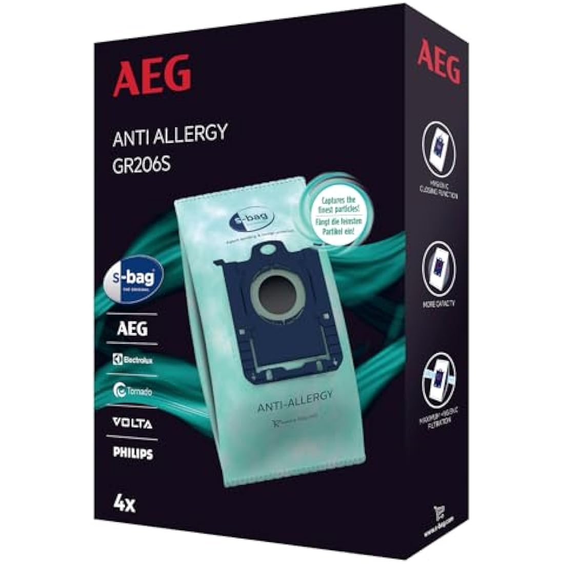 AEG GR206S s-Bag Anti-Allergy Vacuum Cleaner Bags VX4, VX6, VX7, VX8, AB61 (4 Synthetic Dust Bags, High Filter Performance, Reduces Pollen, Mites and Allergens, Ideal for Allergy Sufferers)