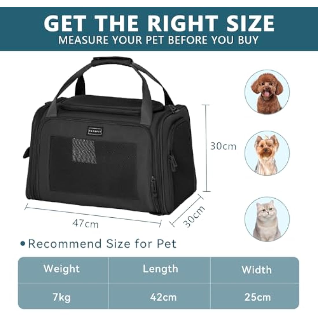 Petsfit Pet Carrier for Cat and Small Dogs, Dog Carriers Quadrangle Oxford Fabric and Ventilation Mesh, Cat Carriers Large Space with Expandable Mat, Black