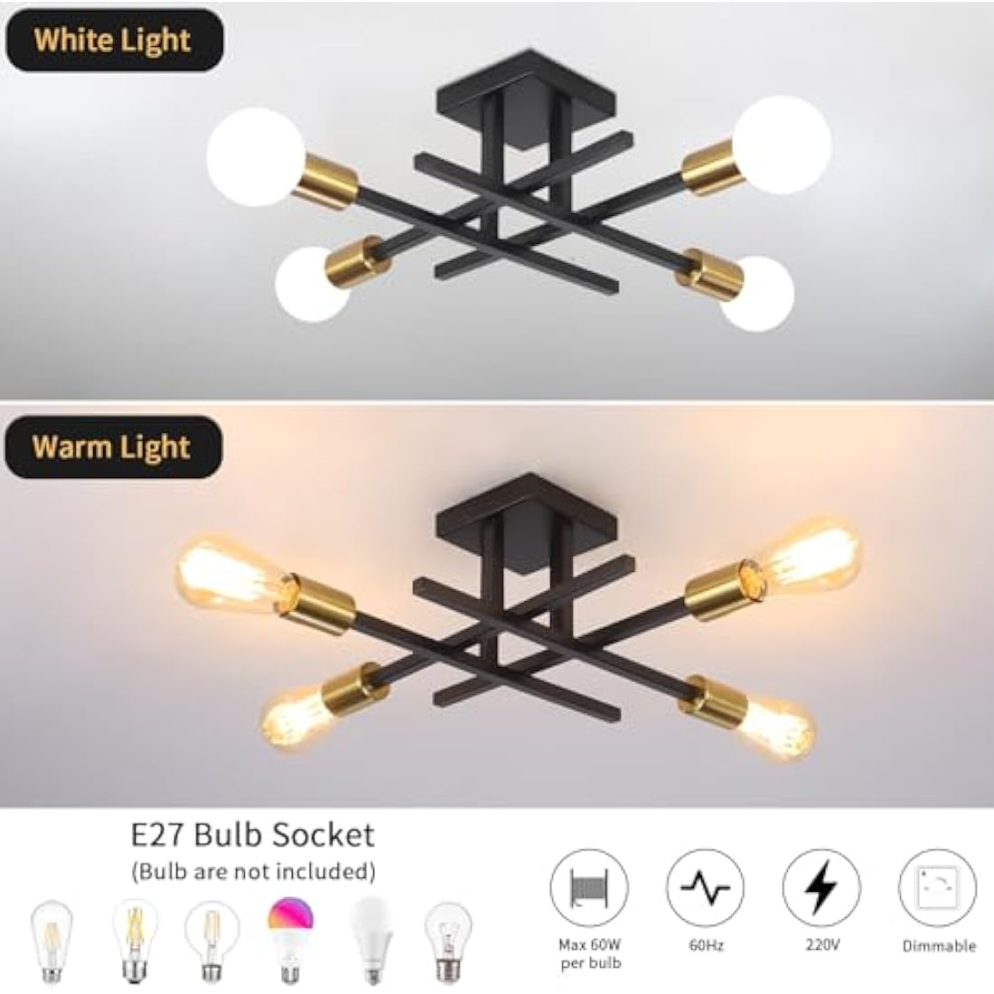 QAREHL Black Chandelier Ceiling Lights Living Room, 4 Light Modern Sputnik Ceiling Lights Industrial Light Fittings Ceilings, Sputnik Chandelier for Bedroom, Kitchen, Dining Room, Hallway, Lounge