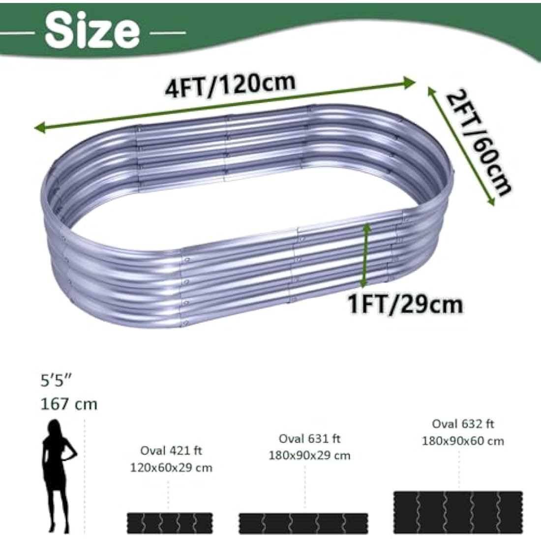 KINI MOX 2Pcs Raised Garden Bed 4x2x1 FT Galvanized Boxes Outdoor Planter Box Plant for Vegetables Flowers Herb (Oval, 4x2x1 FT/120x60x29 CM)