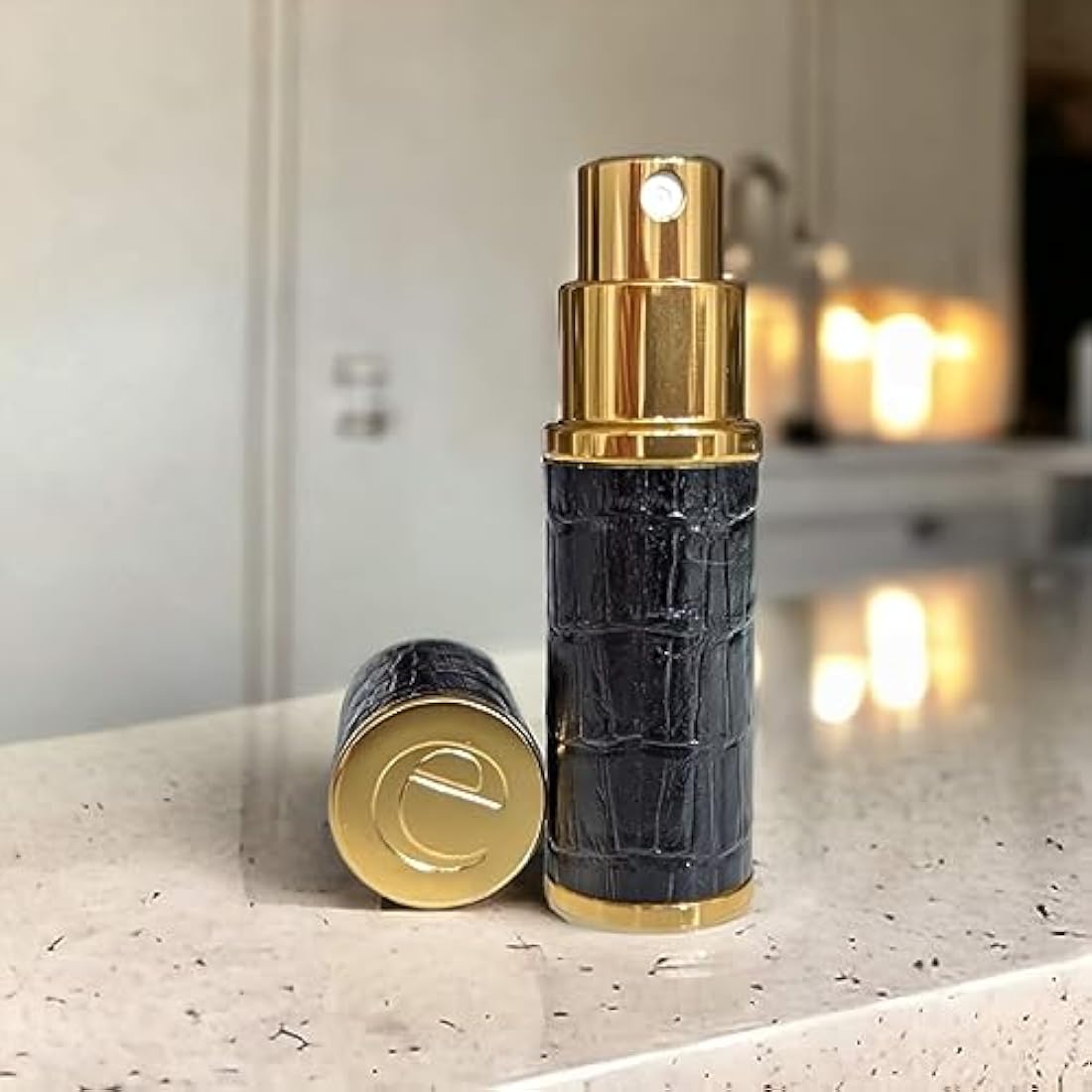 The Essential Atomizer Co Faux Croc Refillable Perfume Fragrance Travel Atomiser inc funnel & box (Black w Gold Metal)