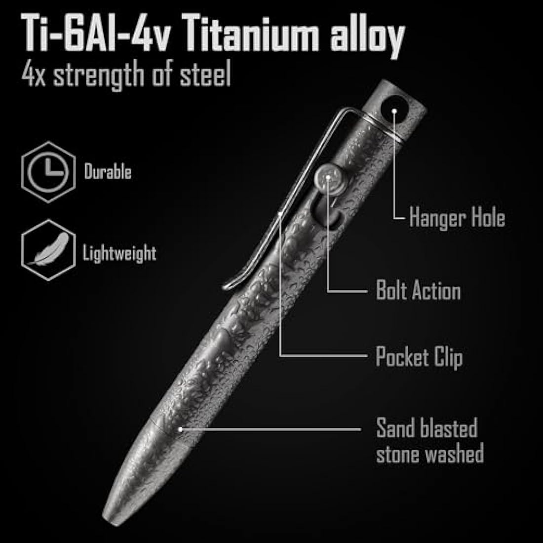 KeyUnity KP04 Titanium Alloy Ballpoint Pen with Clip, Retractable EDC Pocket Pen for Daily Use (Stonewashed)