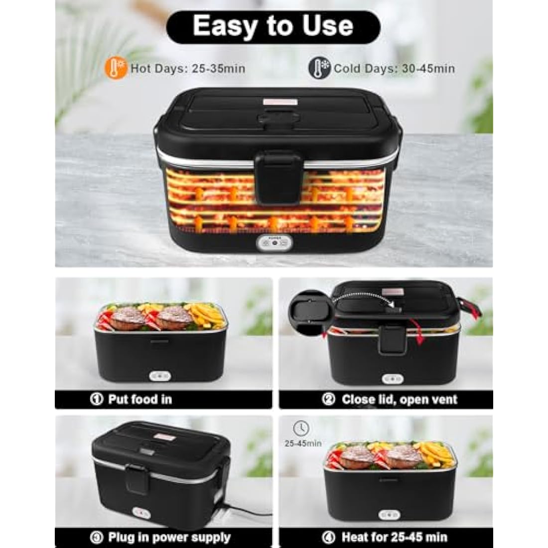AUTOPkio Electric Lunch Box 1.8L 80W, 12V 24V 220V Upgraded Heated Lunchbox Large Heating Food Warmer with Carry Bag Fork Spoon for Car Truck Office (Black)