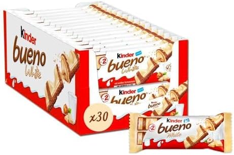 Kinder Bueno White Wafer Twin Bars, Bulk Chocolate Gift Pack, Milk Chocolate Covered Wafer with Milky and Hazelnut Filling, Pack of 30 x 2 (60pcs)