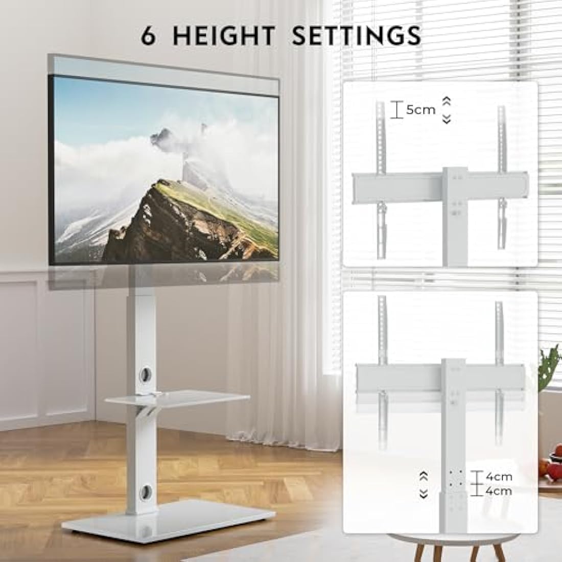 BONTEC Universal Floor TV Stand for 30-70 inch LED OLED LCD Plasma Flat Curved Screens, Height Adjustable Tall TV Stand with 2-Tier Tempered Glass Shelves up to 40KG, Max VESA 600x400mm (White)