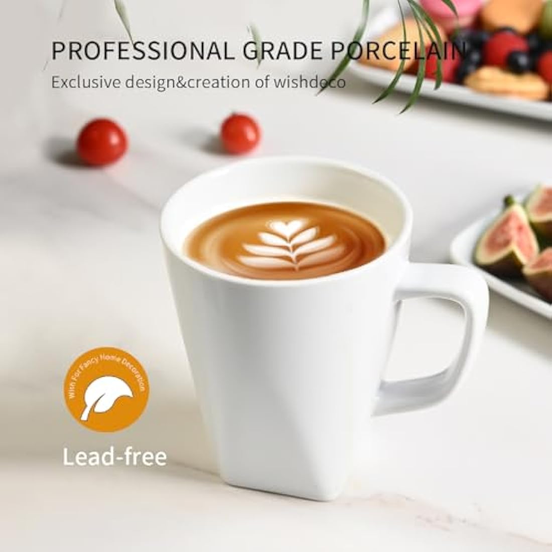 WishDeco Coffee Mugs Set of 6, White Mugs with Handle, 400ml / 14oz Porcelain Coffee Cups, Tea Cups, Large Mugs for Milk, Juice, Hot Chocolate, Latte, Square Bottom