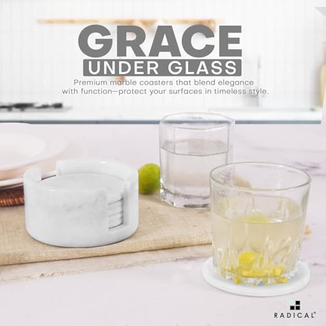 Radicaln Marble Coasters for Drinks - 3.5 Inch Set of 6 White Round Coasters with Holder - Perfect for Coffee Table & Home Office