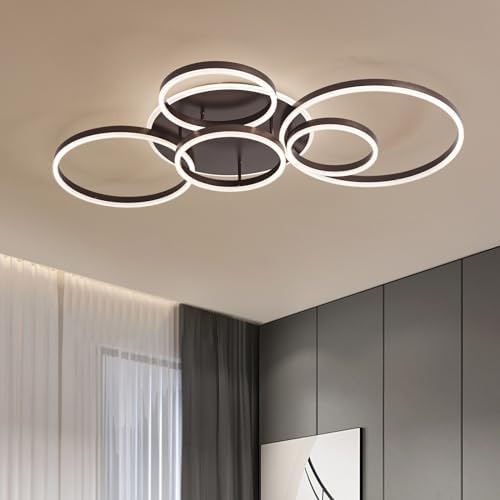 Minifair Dimmable Ceiling Light, 116Cm Flush Mount, 108W 6400Lm, 6 Rings, Brown, Living Room