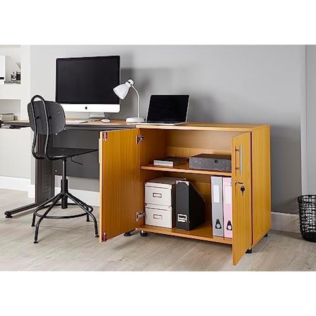 MMT Beech Storage Cabinet 2 Door with Adjustable Shelf, 75cm Tall Office Storage Cupboard, Lockable Cupboard for Home and Office, Sideboard for Study