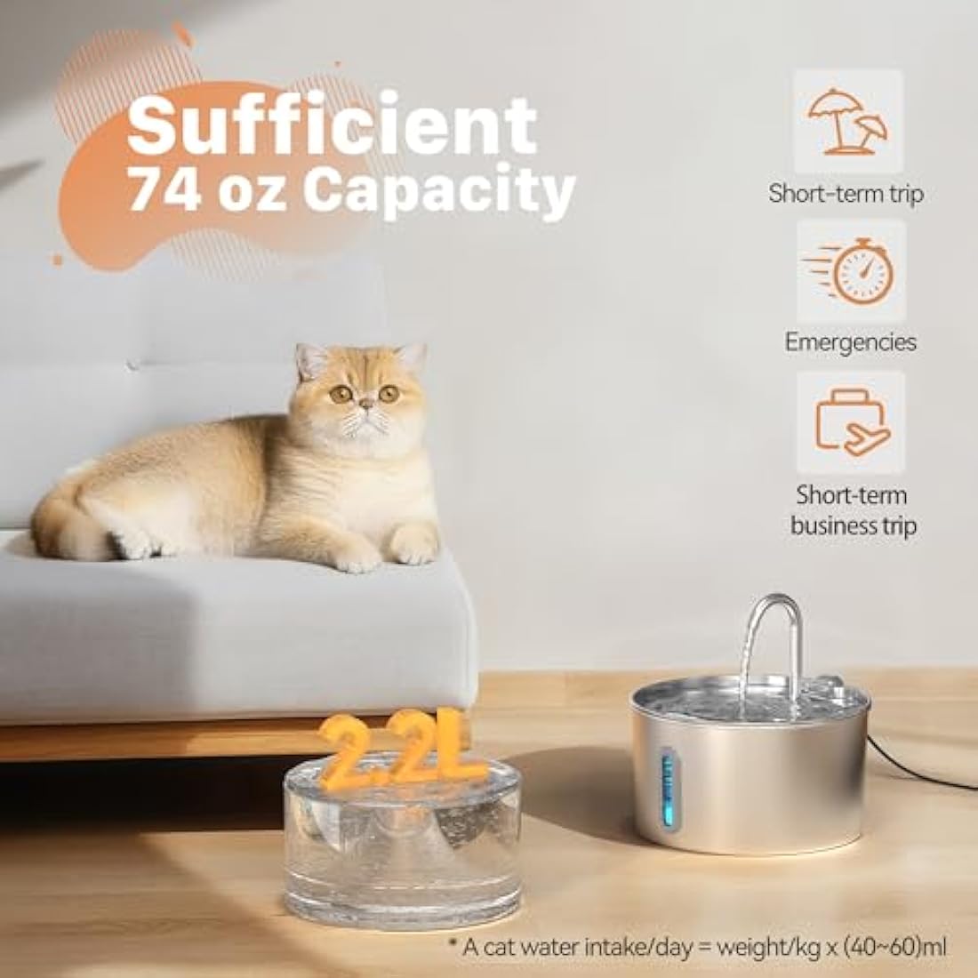 KOOGMOON Cat Fountain: 2.2L Stainless Steel - Quiet, Compact, Easy to Clean - For Cats