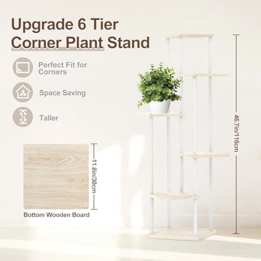 LyTaispuly 6 Tier Tall Corner Plant Stands Indoor Outdoor, 115cm Large Metal Wood Plant Stand Flower Shelf for Multiple Plants, Tiered Plant Holder Rack for Balcony Garden Patio Living Room (White)