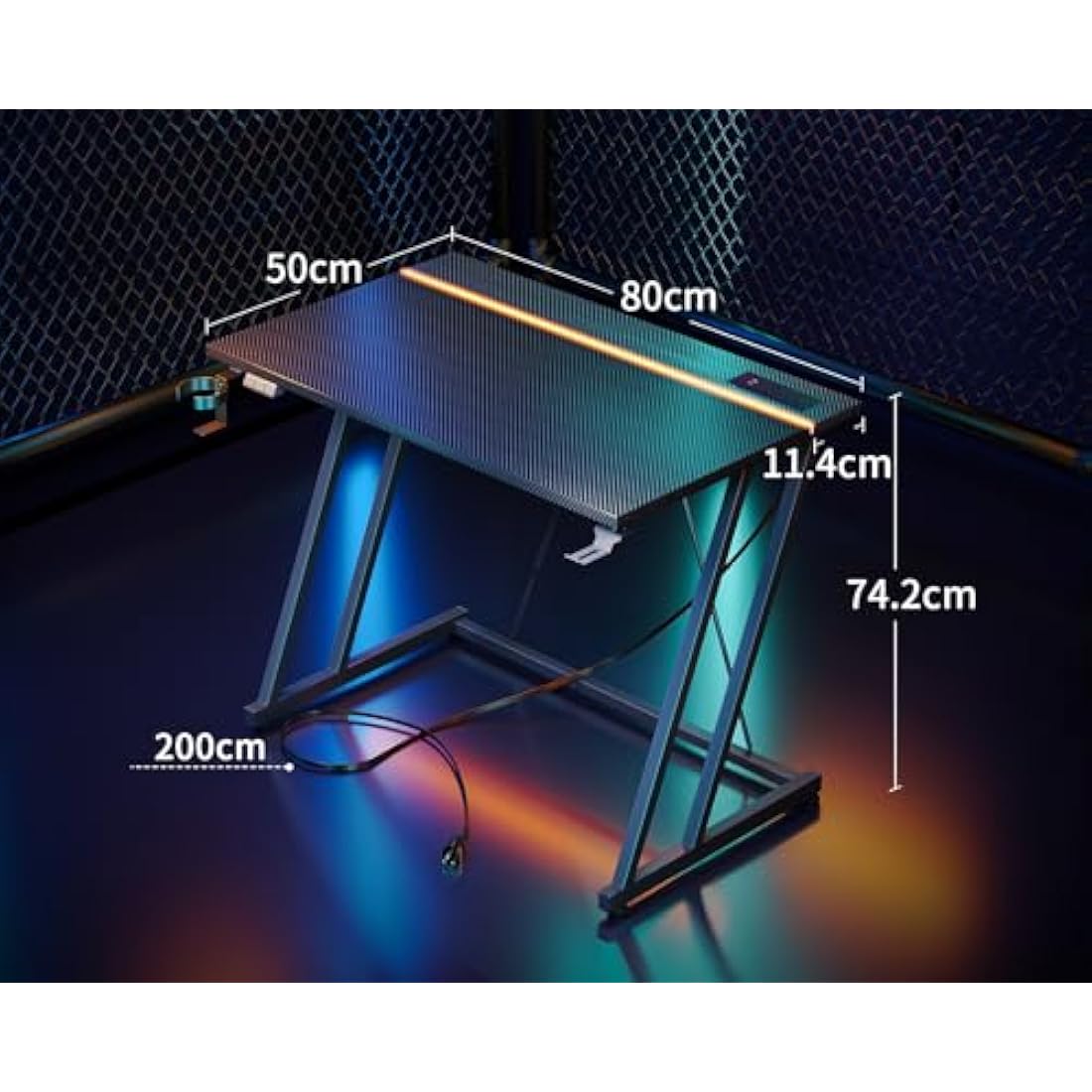 ODK Gaming Desk with LED Lights & Power Outlet, Gaming Table with Cup Holder and Headphone Hook, Double Z Frame Design Computer Desk Carbon Fiber Black 80 cm