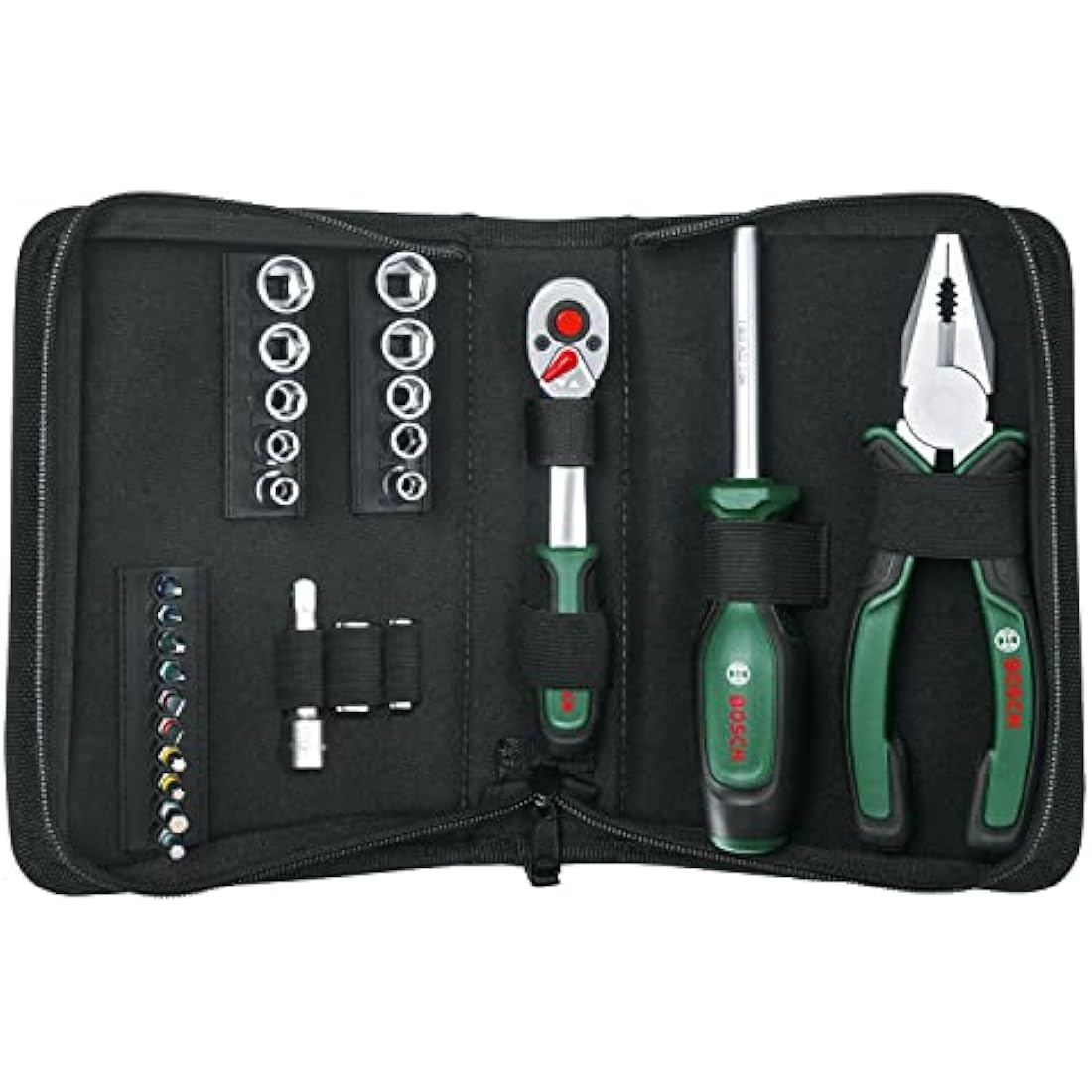 Bosch Mobility Hand Tool Set 26-Piece (Compact and Portable Tool Kit for DIY Tasks; Optimal Choice on The Road; 1/4" Ratchet; Combination Pliers; Universal Screwdriver; in Fabric Bag)