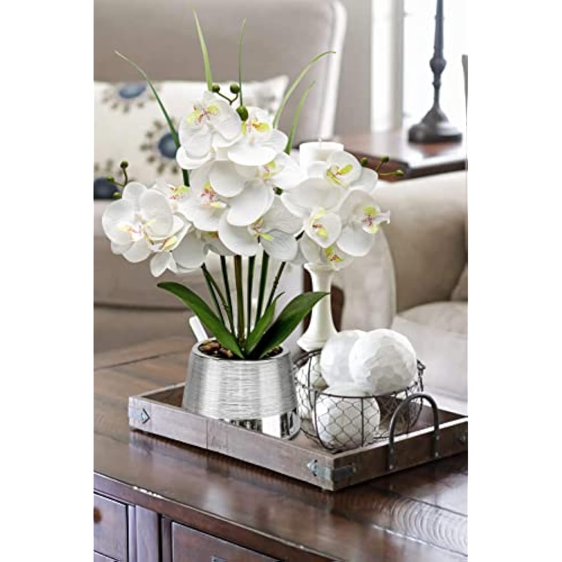 Oairse 40cm Artificial Orchid Flowers White Artificial Flower in Silver Ceramic Pots Real Touch Silk Phalaenopsis with 14 Flowers Fake Orchids Plant for Home Kitchen Bathroom Table Centerpiece Decor