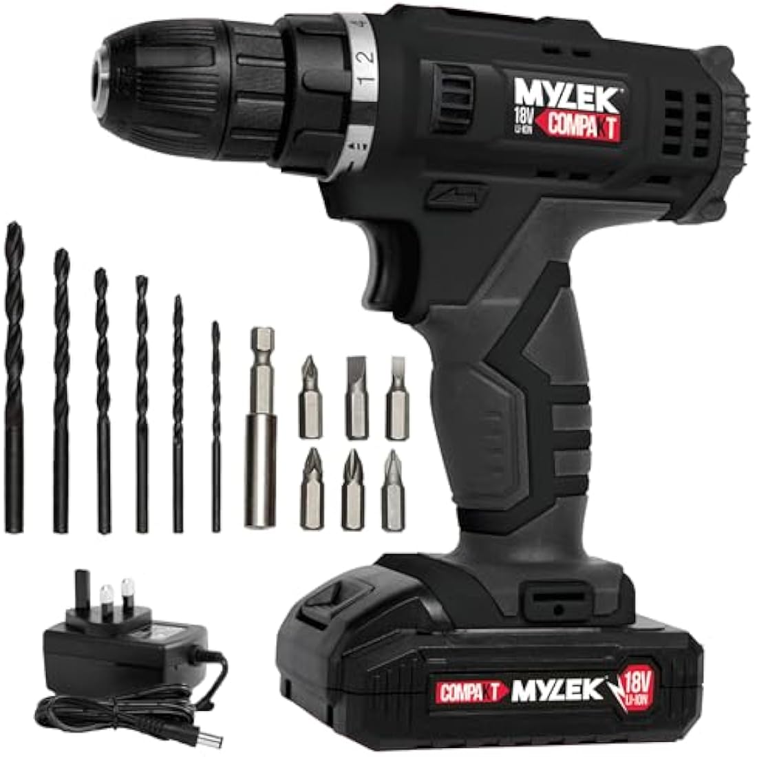 MYLEK MYW09 18V Cordless Drill Electric Screwdriver Set, Powerful Lithium Ion Battery Pack, 18 Volts Combi Driver, DIY Accessory Kit, Black