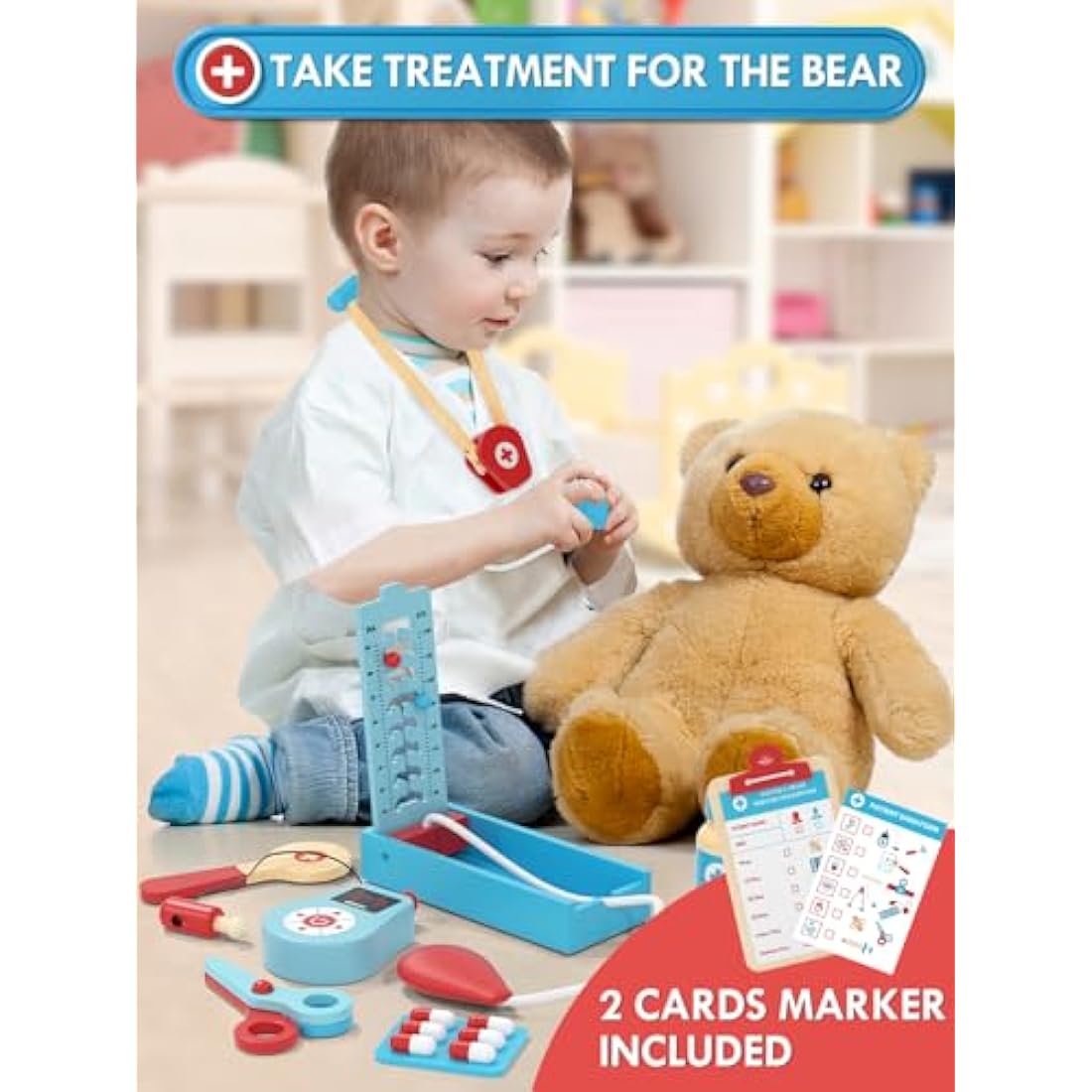 Lehoo Castle Doctors Set for Kids, Toys for 3 Year Old Boys, Wooden Kids Doctors Kit with Doctor Costume, 3 Year Old Boy Toys（Blue）