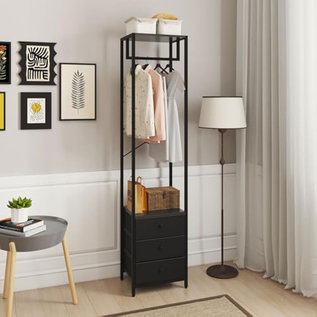 YMYNY Coat Rack with Non-woven Drawer, Freestanding Tall Closet Organizer, Tall Clothes Standing Dresser for Bedroom, Living Room, Entryway, 39×29×179CM Black HGR001B