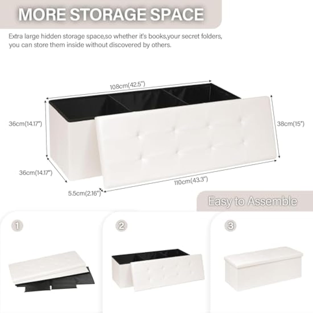 Bonlife Folding Ottoman Storage Bench with Cushion Kids Toy Box Cube Foot Stool Faux Leather Large Storage boxes with Lid,White,110 x 38 x 38 cm