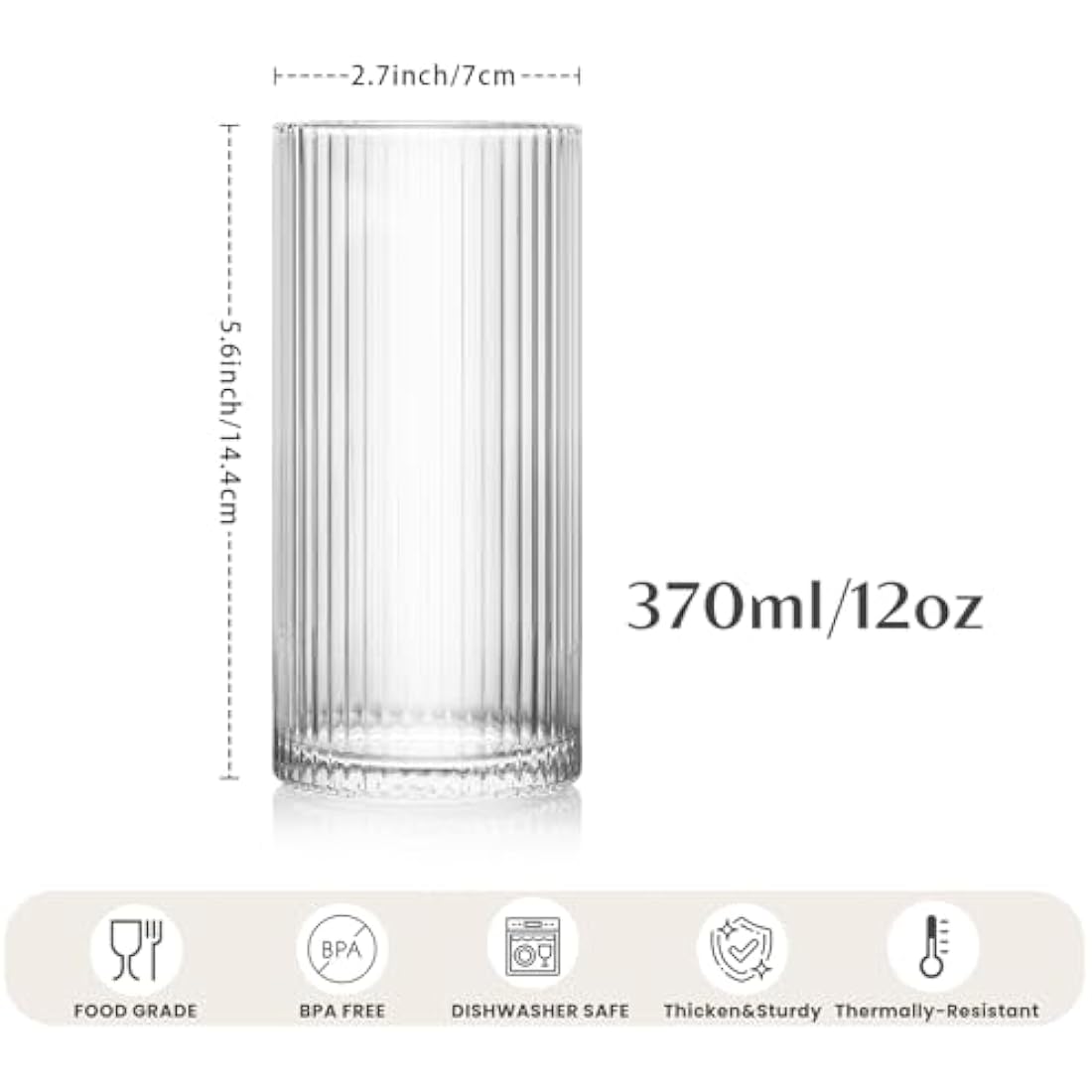 INSETLAN Ribbed Drinking Glasses Set of 6, 370ml Origami Design Ribbed Glassware, Highball Glasses for Juice, Water, and Cocktails, Perfect for Home, Restaurants, and Parties | Dishwasher Safe