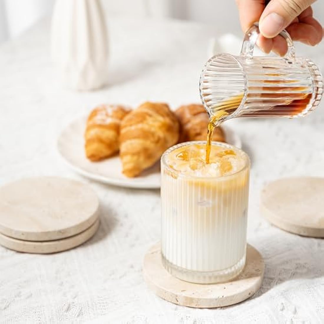 WORHE Marble Coaster for Drinks 4" Diameter Set of 4 Round Travertine Coasters for Home Decor Office Parties Birthday Housewarming Gift, Protect Countertops from Dirty,Sturdy and Tough Beige BD140
