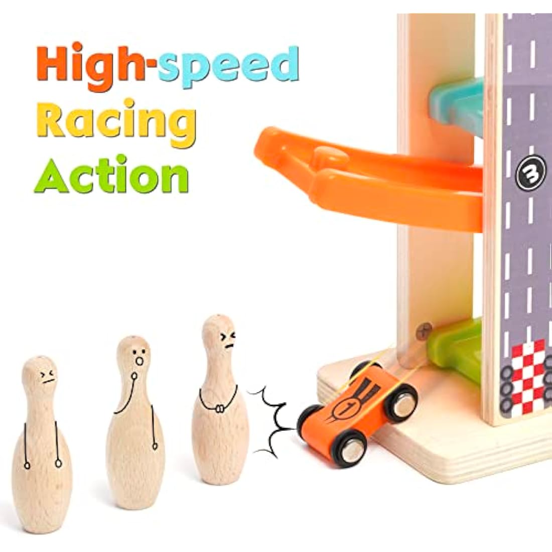 Wooden Car Ramp Toys Zig Zag Cars Slide Toddler Toys Wooden Click Clack Race Track Bowling Game Wood Car Toy Garage with 4 mini Cars 3 Bowlings for 1 2 3 Year Old Boys Girls Gifts