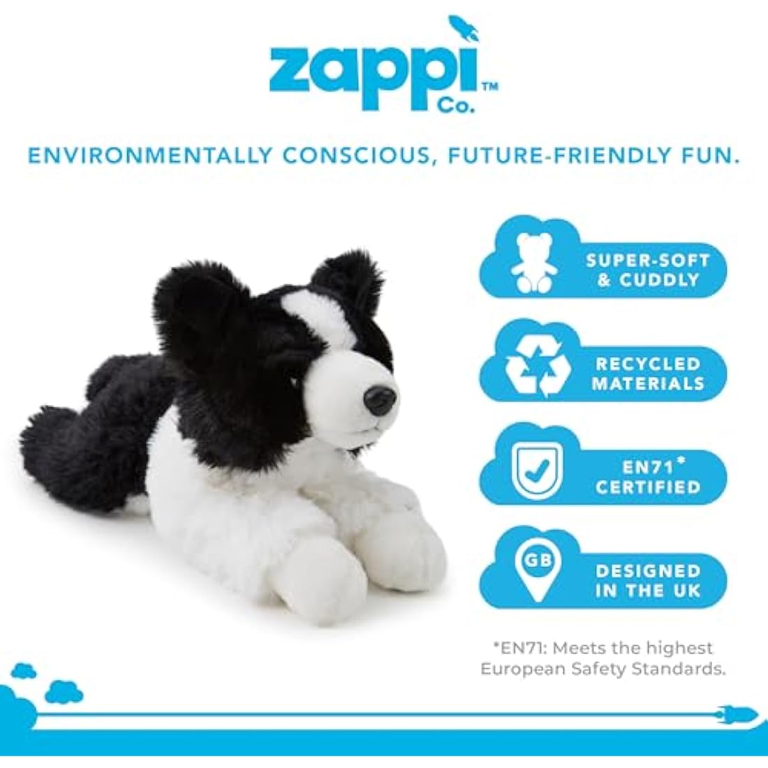 Zappi Co Border Collie Plush Toy (30cm) - Lovable, Sheepdog Soft, Eco-Friendly, Kid's Best Friend for Comfort and Play, Recycled