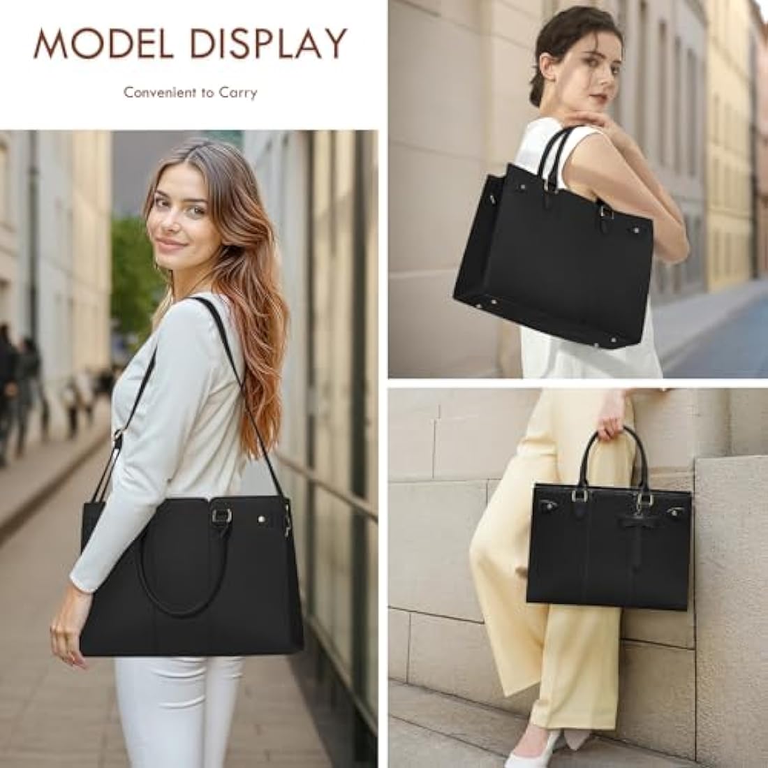 RAINSMORE Laptop Bags for Women PU Leather Work Bags for Women Tote Bag Large Handbag Shoulder Bag for Office Bussiness 15.6 Inch Black