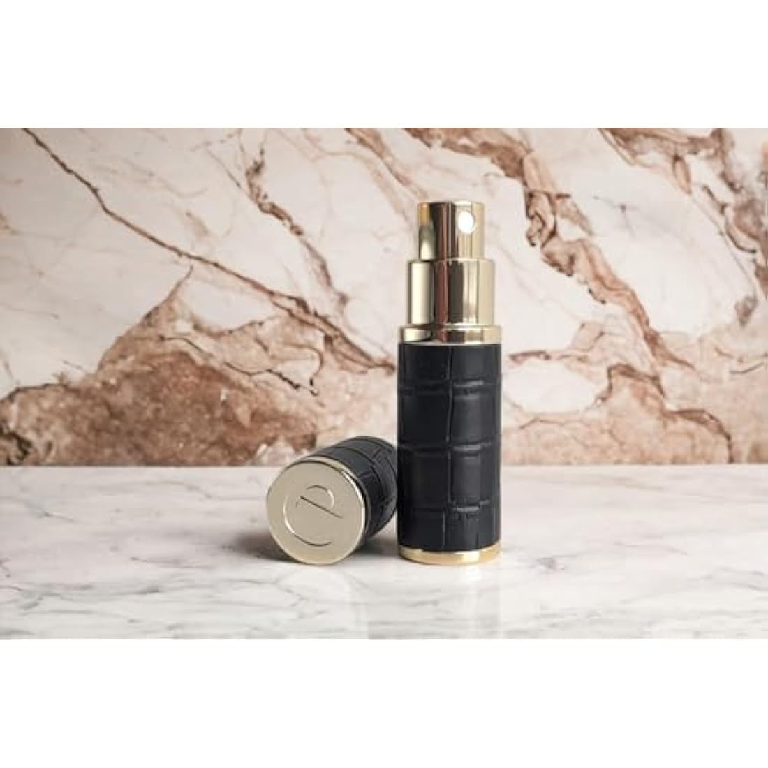 The Essential Atomizer Co Faux Croc Refillable Perfume Fragrance Travel Atomiser inc funnel & box (Black w Gold Metal)