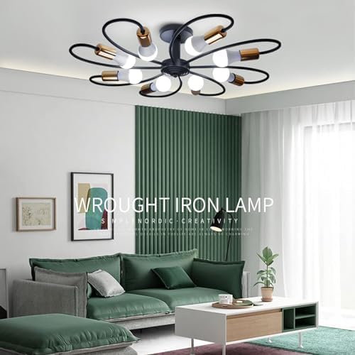Qcyuui 8-Light Semi Flush Ceiling Light, Modern Sputnik Chandeliers Mid-Century Metal Pendant Lighting, Industrial Vintage Ceiling Lamp Fixture for Kitchen Dining Living Room Bedroom(Black&Gold)