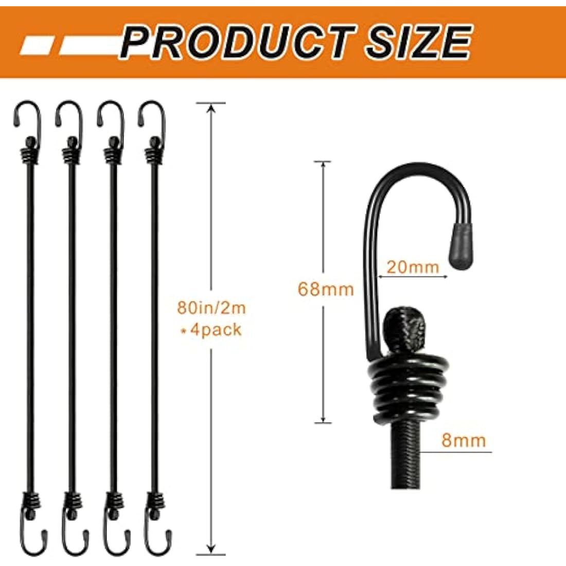 BEXSLE Bungee Cords With Hooks 2m long, Heavy Duty Outdoor Elastic Bungee Straps, No odour Industrial Grade bungee rope For Securing Tarps, Luggage, Tents, Bikes or garden tidying 80inch 4Pcs (Black)