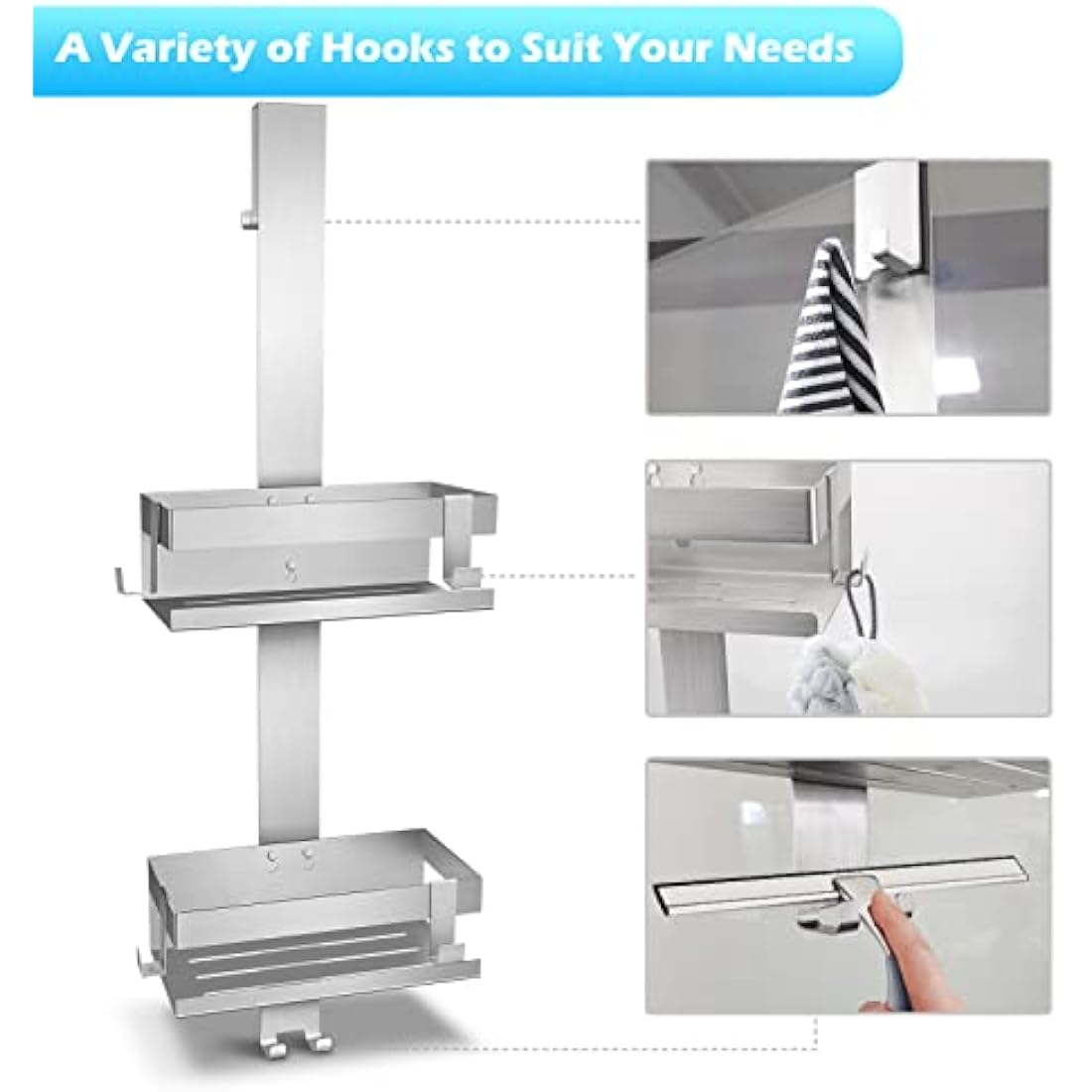 UUlioyer Hanging Shower Caddy, SUS304 Stainless Steel Over Door Shower Shelf, Bathroom Storage No Drilling (Style A - Silver)