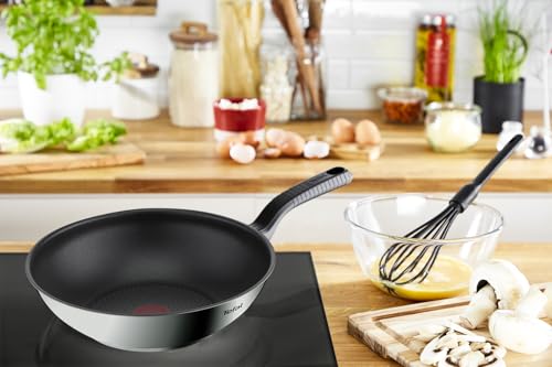 Tefal Comfort Max 28cm Stainless Steel Wok Pan  Durable Non-Stick Pan with Thermo-Spot Heat Indicator, Induction Compatible Base, Comfortable Grip