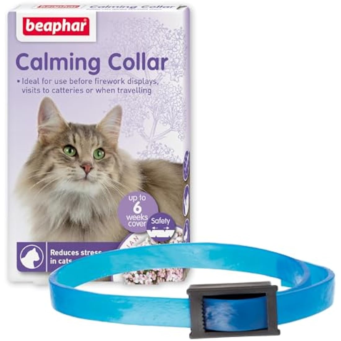 Beaphar - Herbal Calming Collar - For Cats - For Fireworks, Thunderstorms, Car Travel & Long-Term Stress - Contains the Natural Herb Valerian - Up to 6 Weeks of Calming - 1x Adjustable 65cm Collar