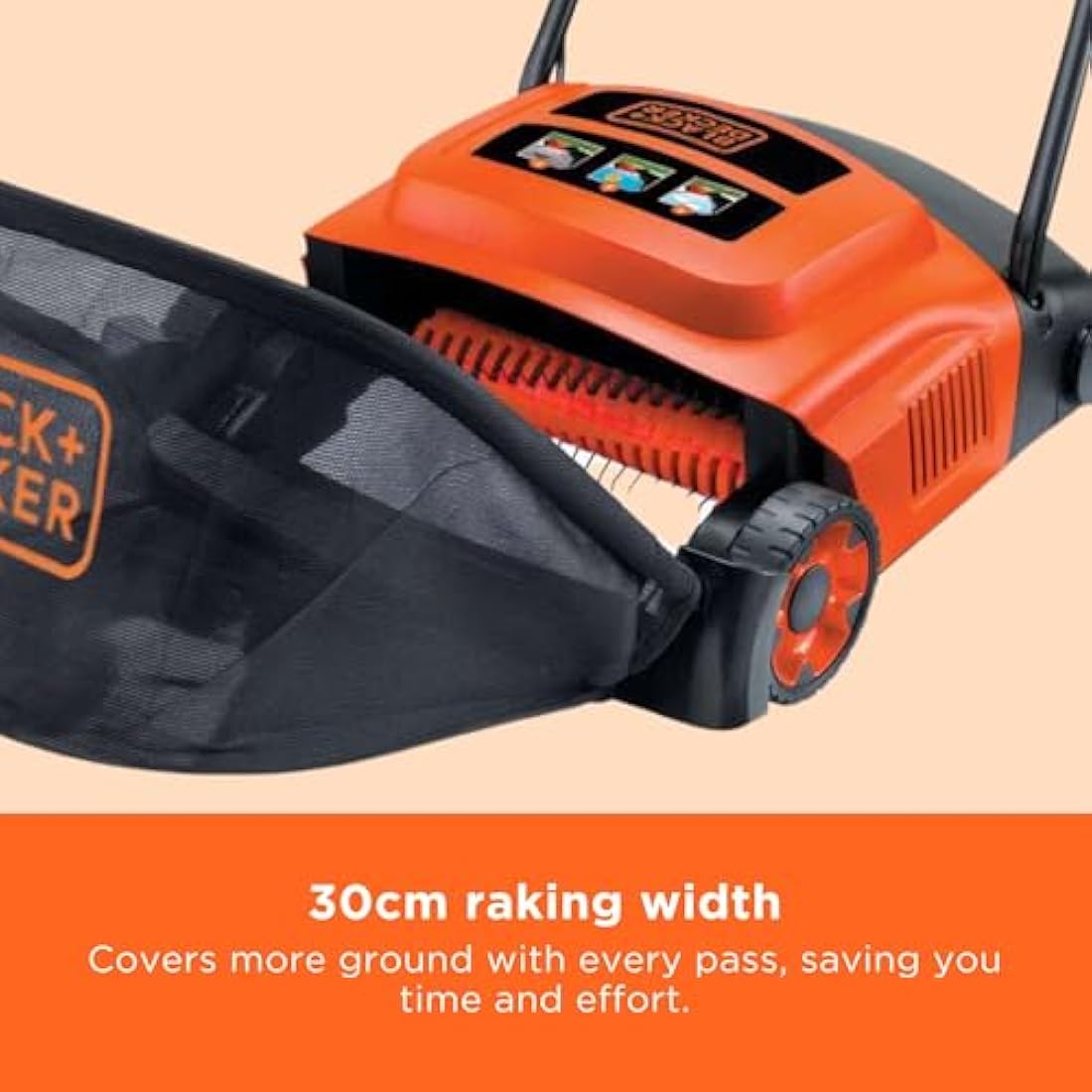 BLACK+DECKER Lawn Raker, 600W, Adjustable Height Scarifier with Large Capacity Front Loading Grass Box, GD300-GB