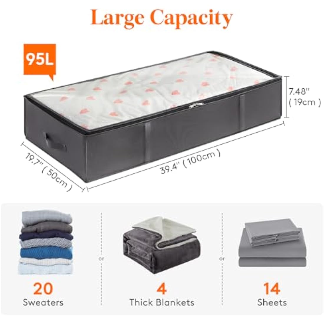 Lifewit 6 Pack 95L Under Bed Storage, Underbed Storage Boxes with lid Clothes Storage Bag Wardrobe Storage Organiser with Reinforced Handle, PVC Window for Duvet, Blanket, Clothing, Shoes, Grey