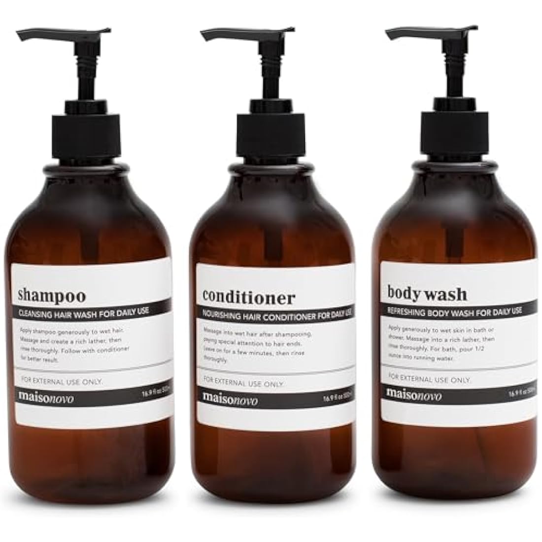 MaisoNovo Refillable Shampoo and Conditioner Bottles - Set of 3, 500ml Amber Plastic Bottle and Black Pump - Shampoo and Conditioner Bottles with Labels - Shower Gel Dispenser