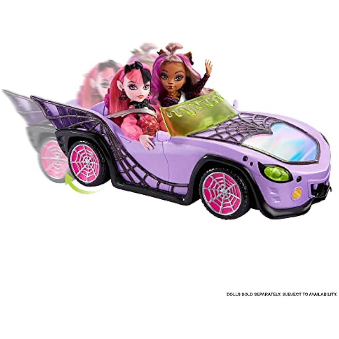 Monster High Toy Car, Ghoul Mobile with Pet and Cooler Accessories, Purple Convertible with Spiderweb Details